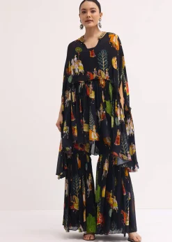 Black Printed Georgette Crop Top And Sharara Set