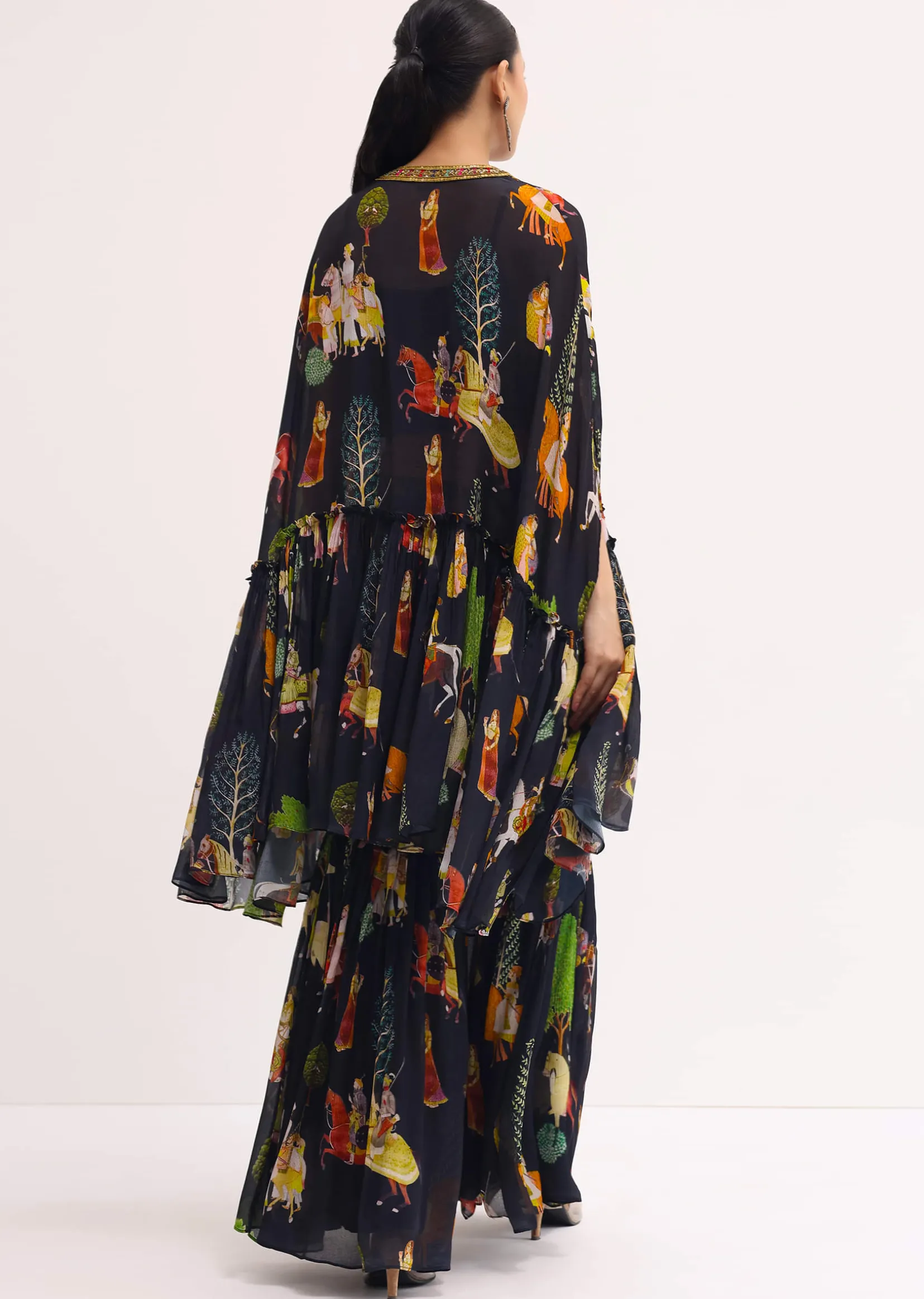 Black Printed Georgette Crop Top And Sharara Set