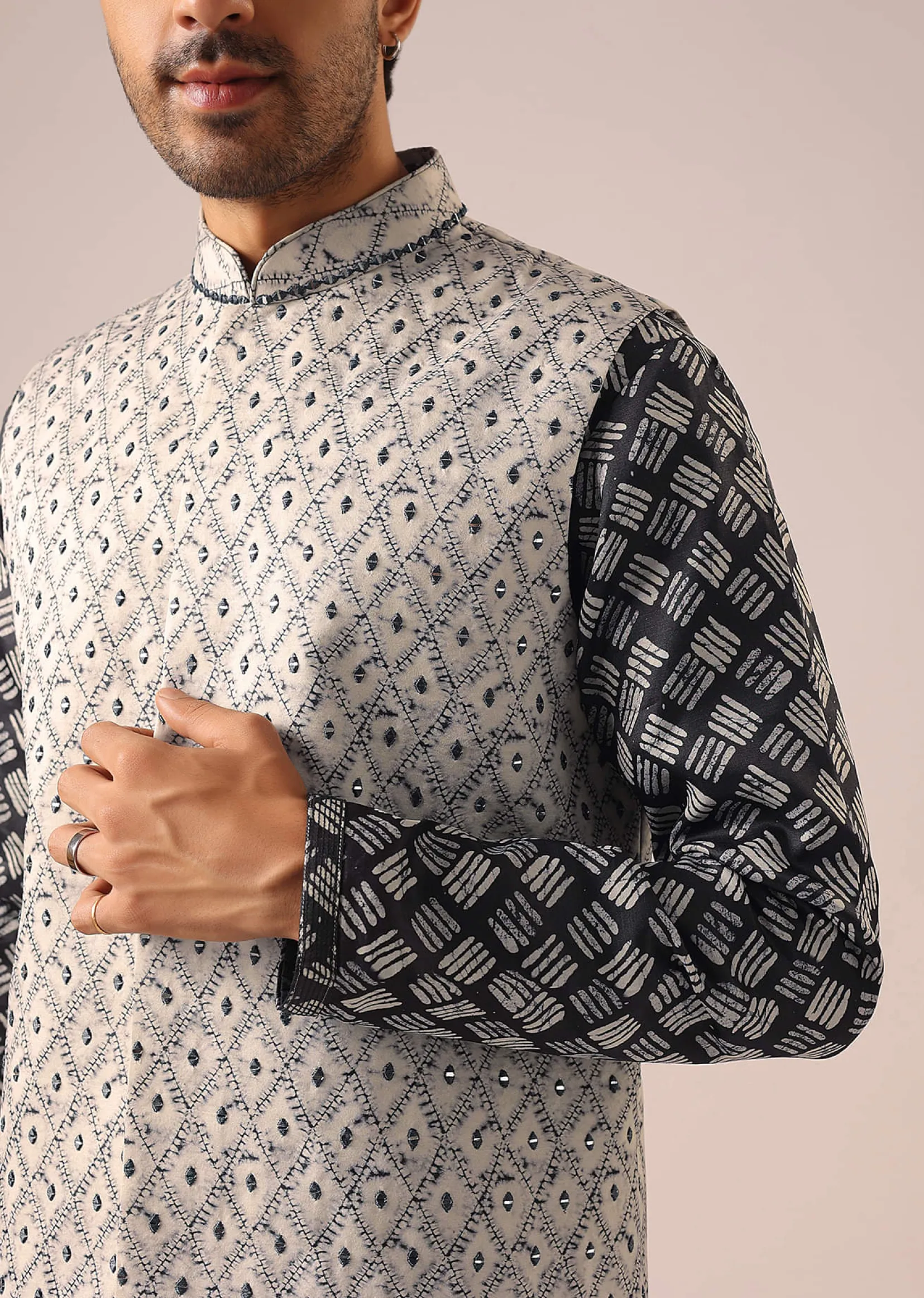 Black Printed Jacket And Kurta Set