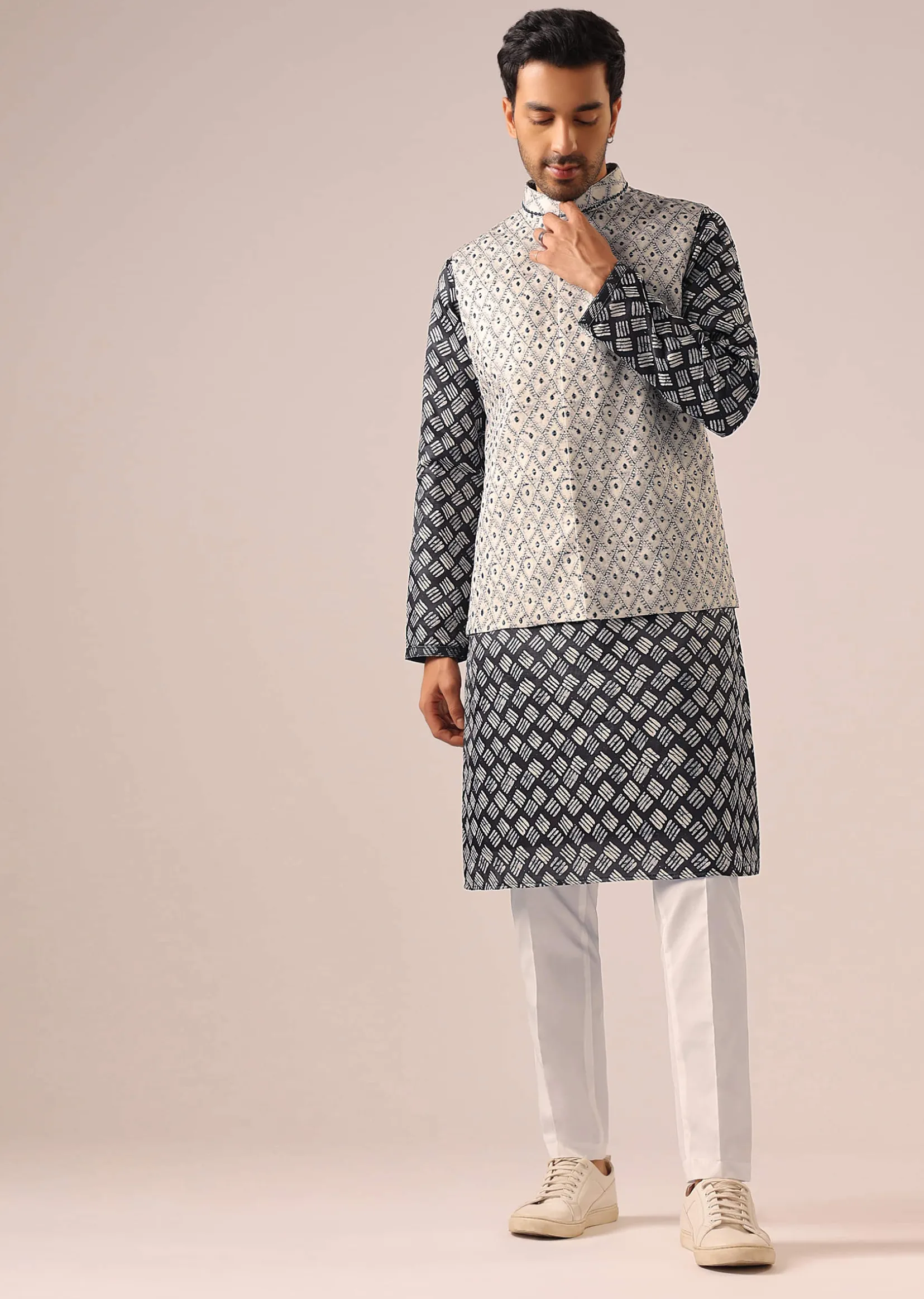 Black Printed Jacket And Kurta Set