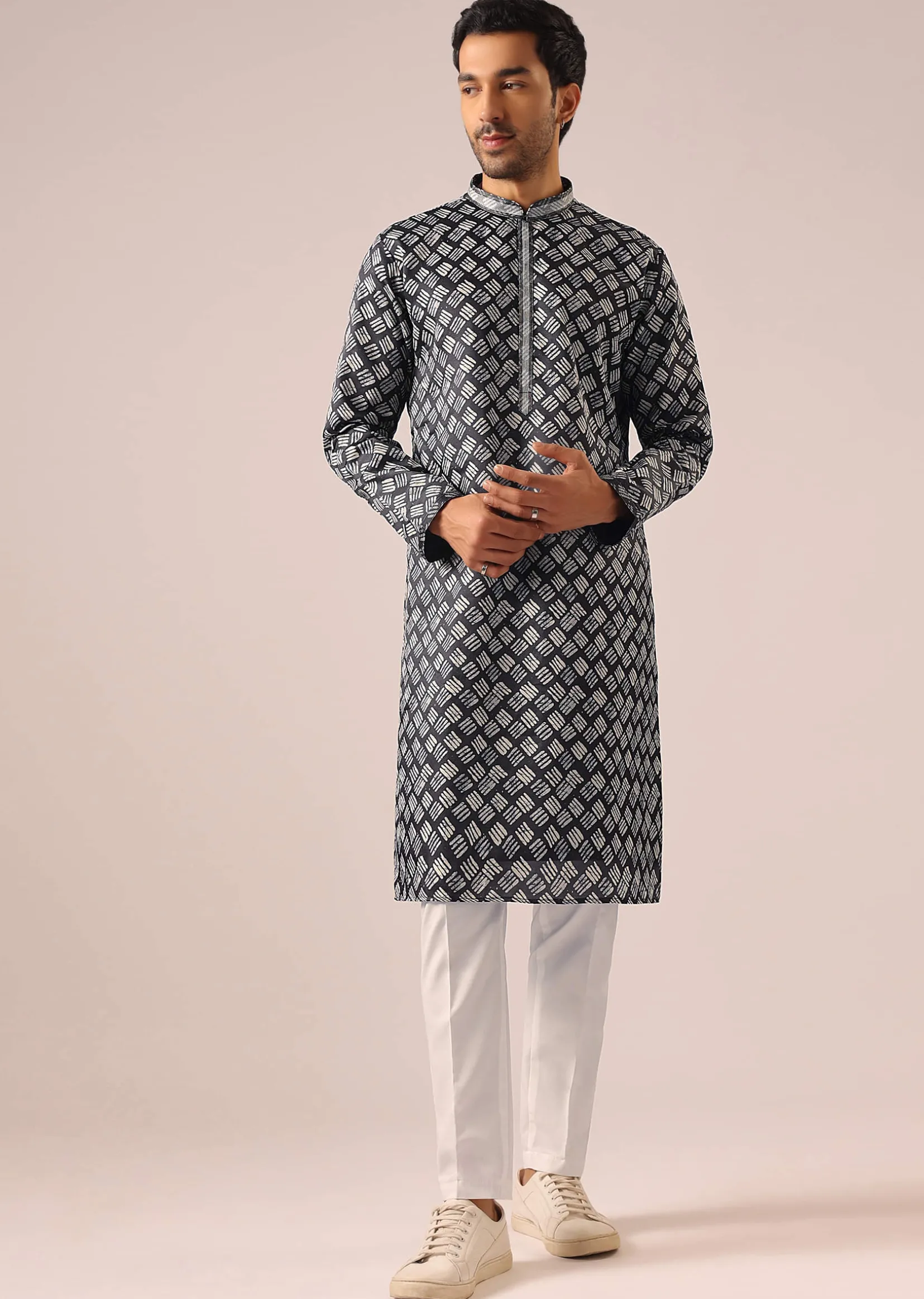 Black Printed Jacket And Kurta Set