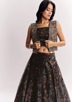 Black Printed Lehenga Choli With Mirror Work Jacket In Organza Tissue