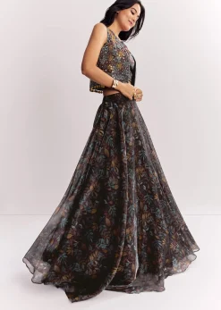 Black Printed Lehenga Choli With Mirror Work Jacket In Organza Tissue