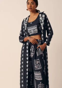 Black Printed Long Jacket And Pant Set In Cotton