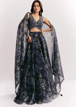 Black Printed Mirror Work Lehenga Choli Set In Organza Tissue