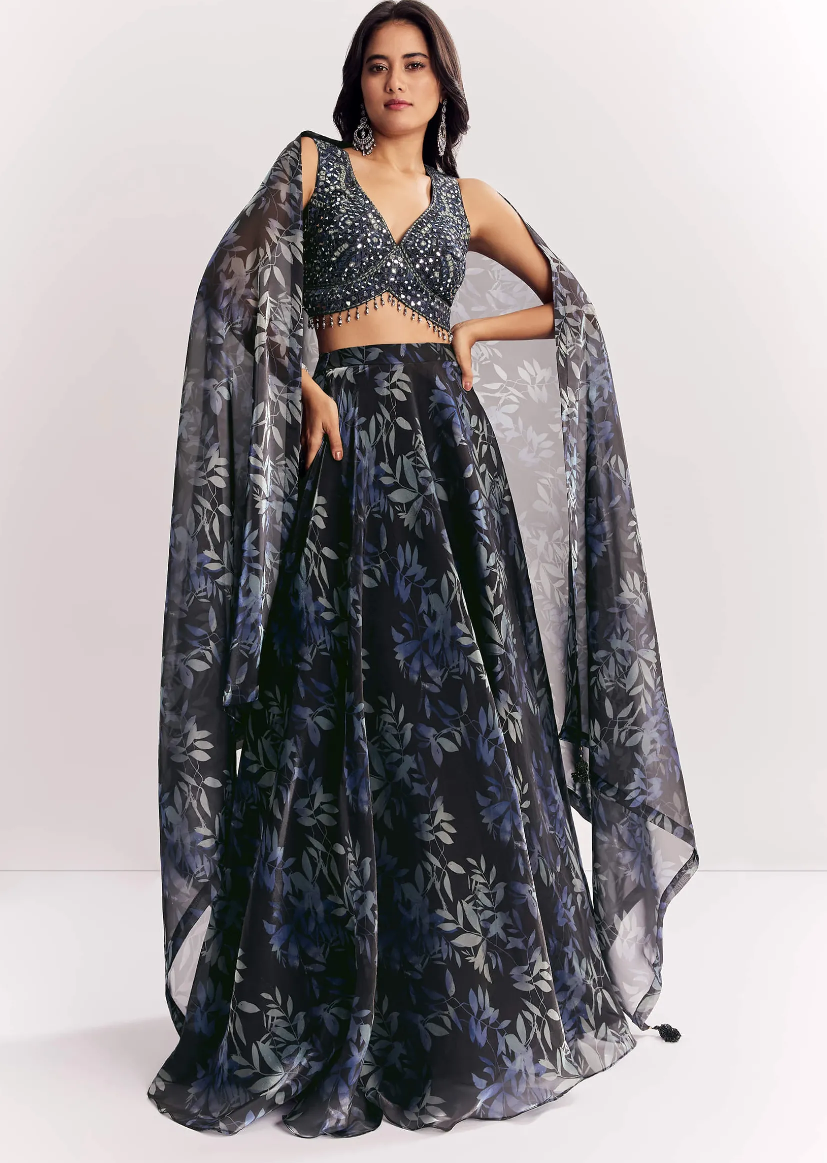 Black Printed Mirror Work Lehenga Choli Set In Organza Tissue