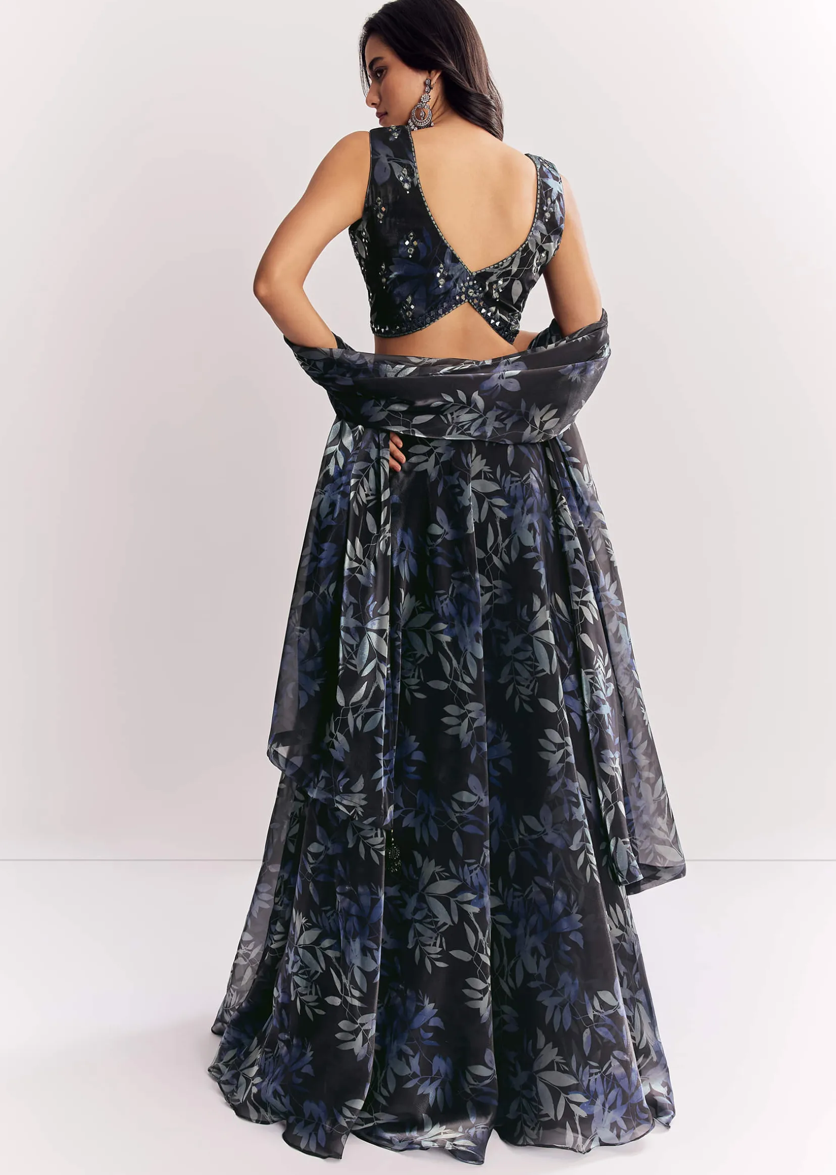 Black Printed Mirror Work Lehenga Choli Set In Organza Tissue