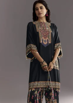 Black Printed Muslin Kurta Dhoti Set