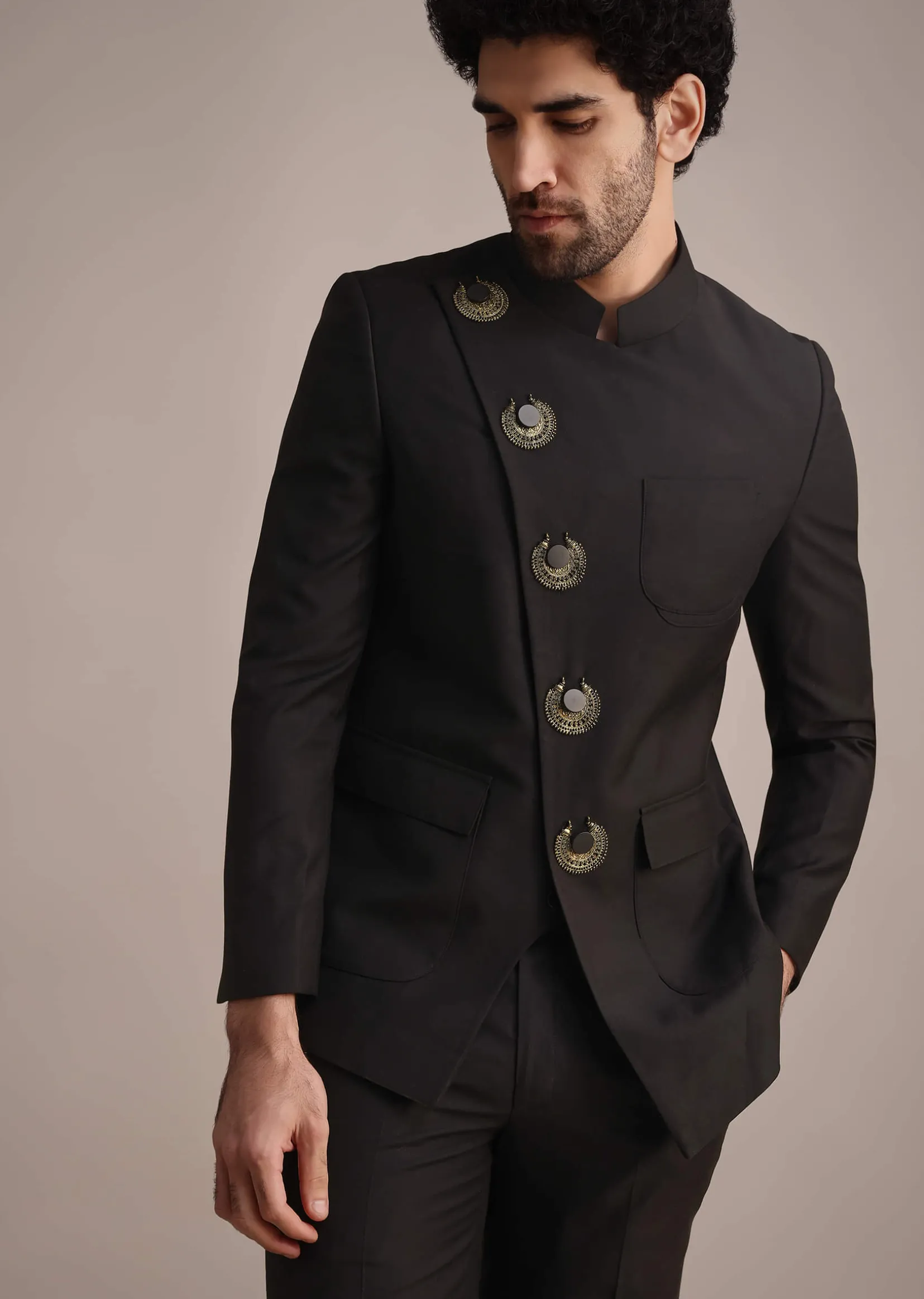 Black Rayon Angrakha Jodhpuri Suit