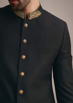 Black Rayon Jodhpuri Suit With Embroidered Collar