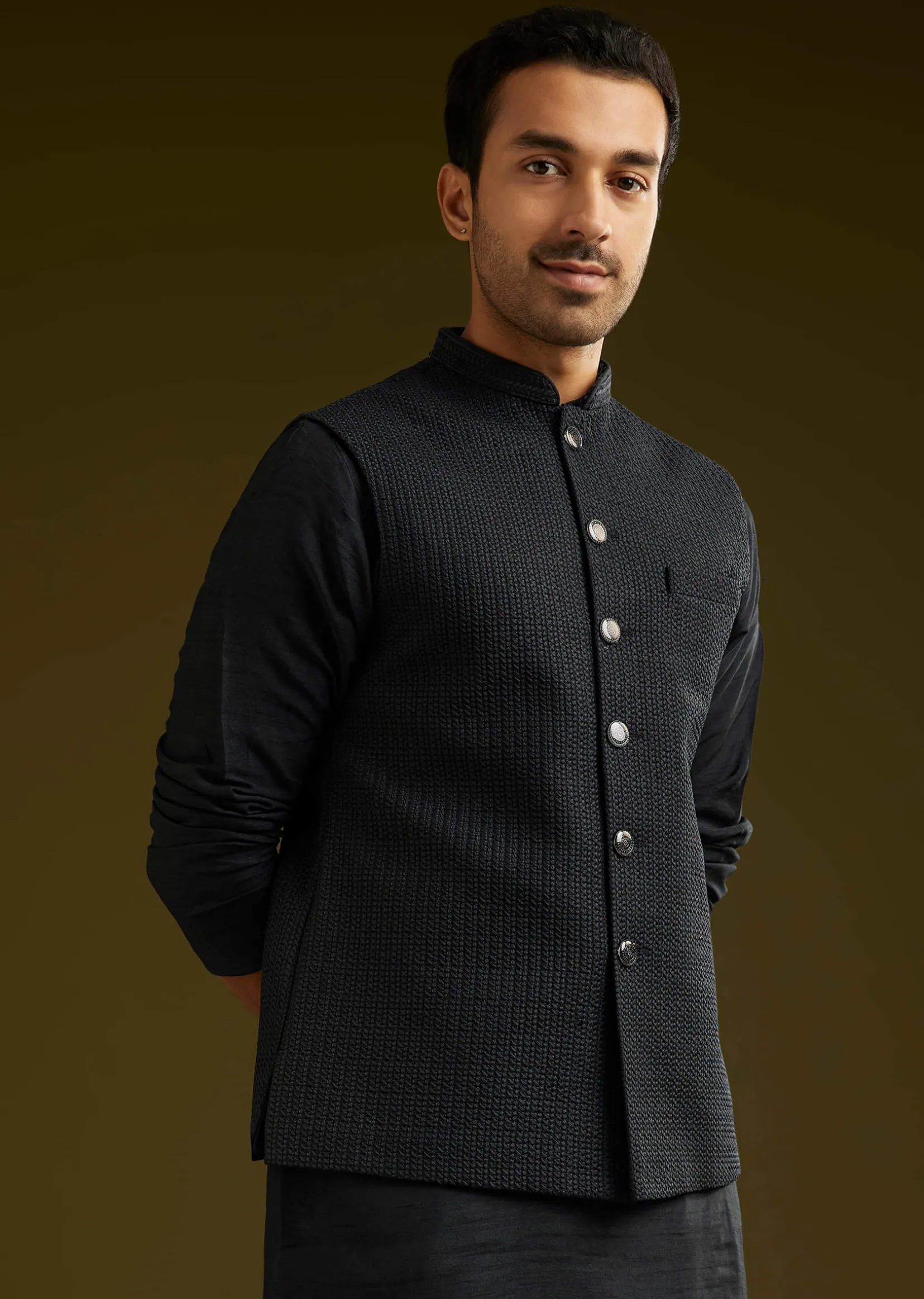Black Rayon Kurta Jacket Set