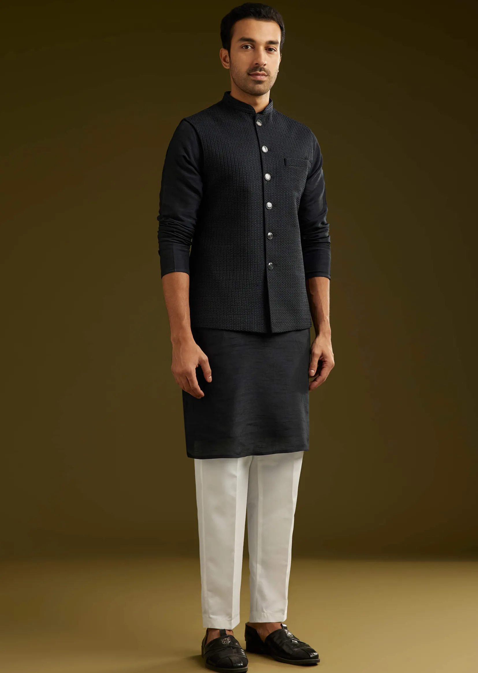 Black Rayon Kurta Jacket Set