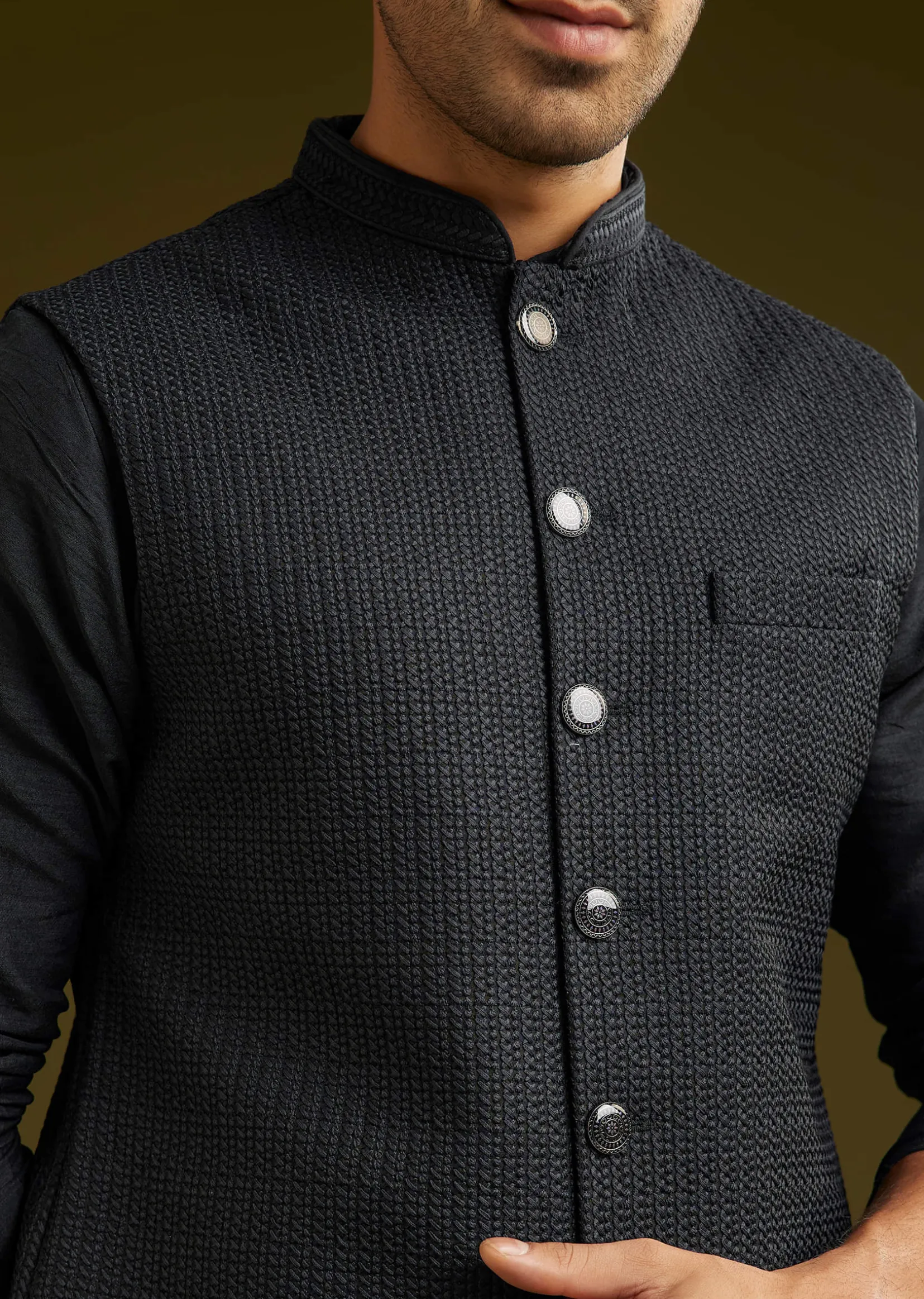 Black Rayon Kurta Jacket Set
