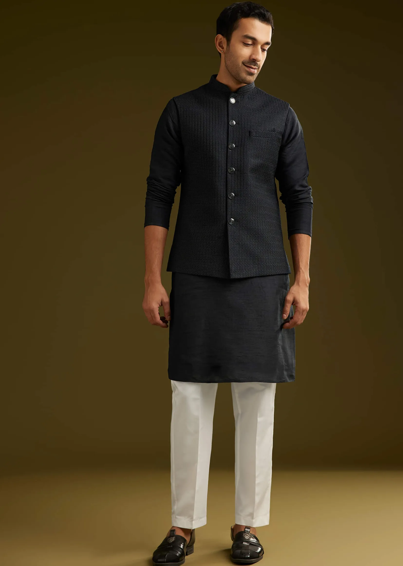 Black Rayon Kurta Jacket Set