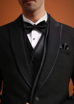 Black Rayon Tuxedo And Pant Set With Embellished Stones