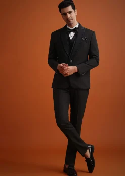 Black Rayon Tuxedo And Pant Set With Embellished Stones