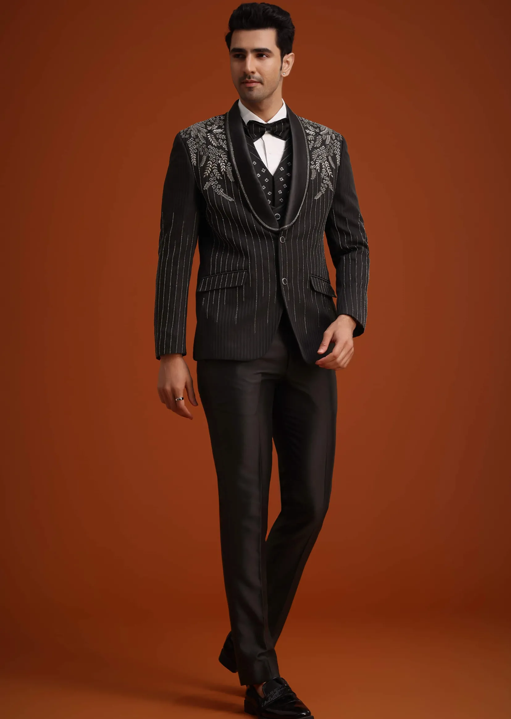 Black Rayon Tuxedo Set With Stone And Cutdana Work