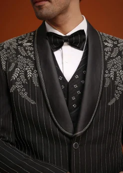Black Rayon Tuxedo Set With Stone And Cutdana Work