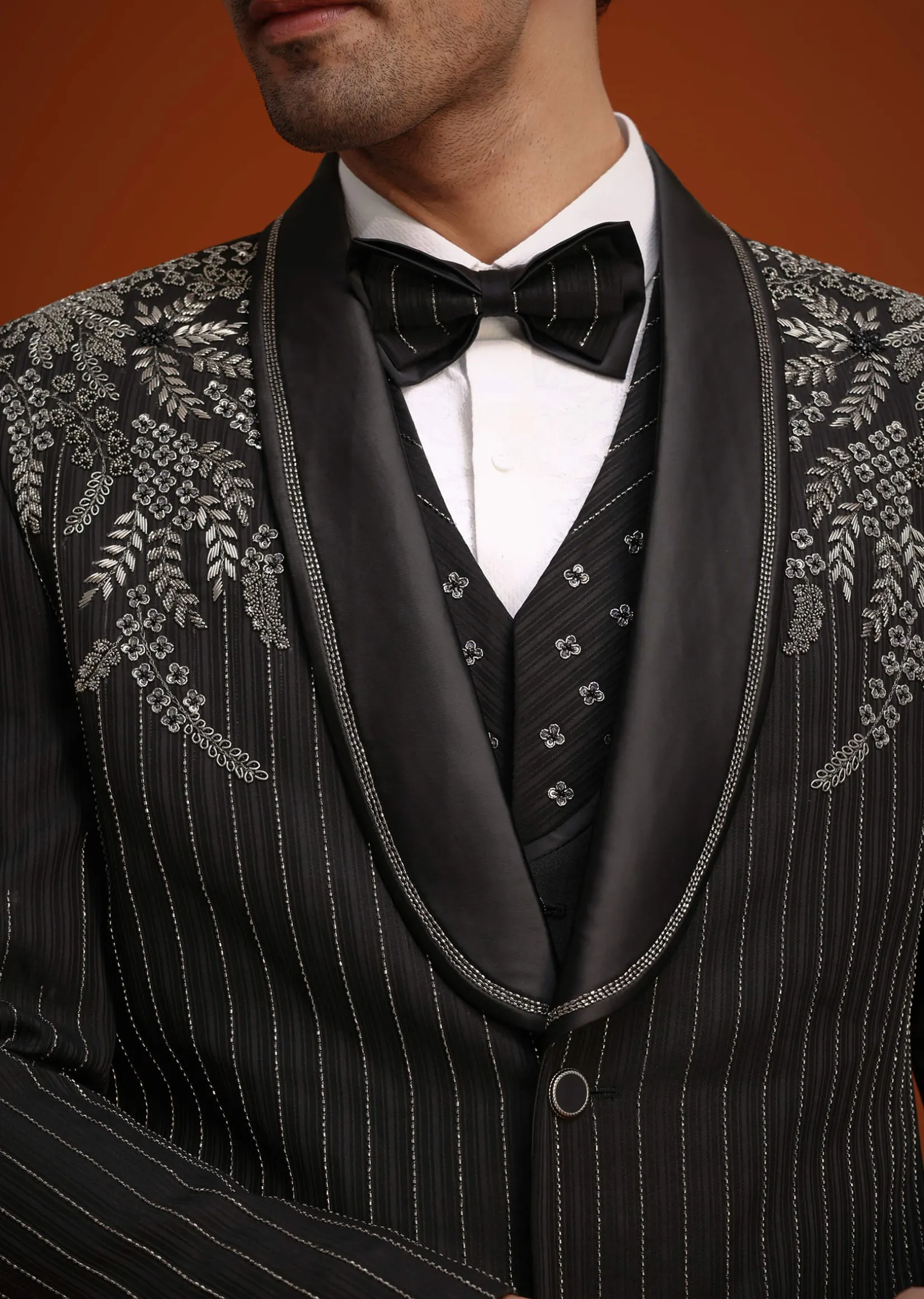 Black Rayon Tuxedo Set With Stone And Cutdana Work