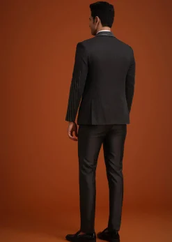 Black Rayon Tuxedo Set With Stone And Cutdana Work