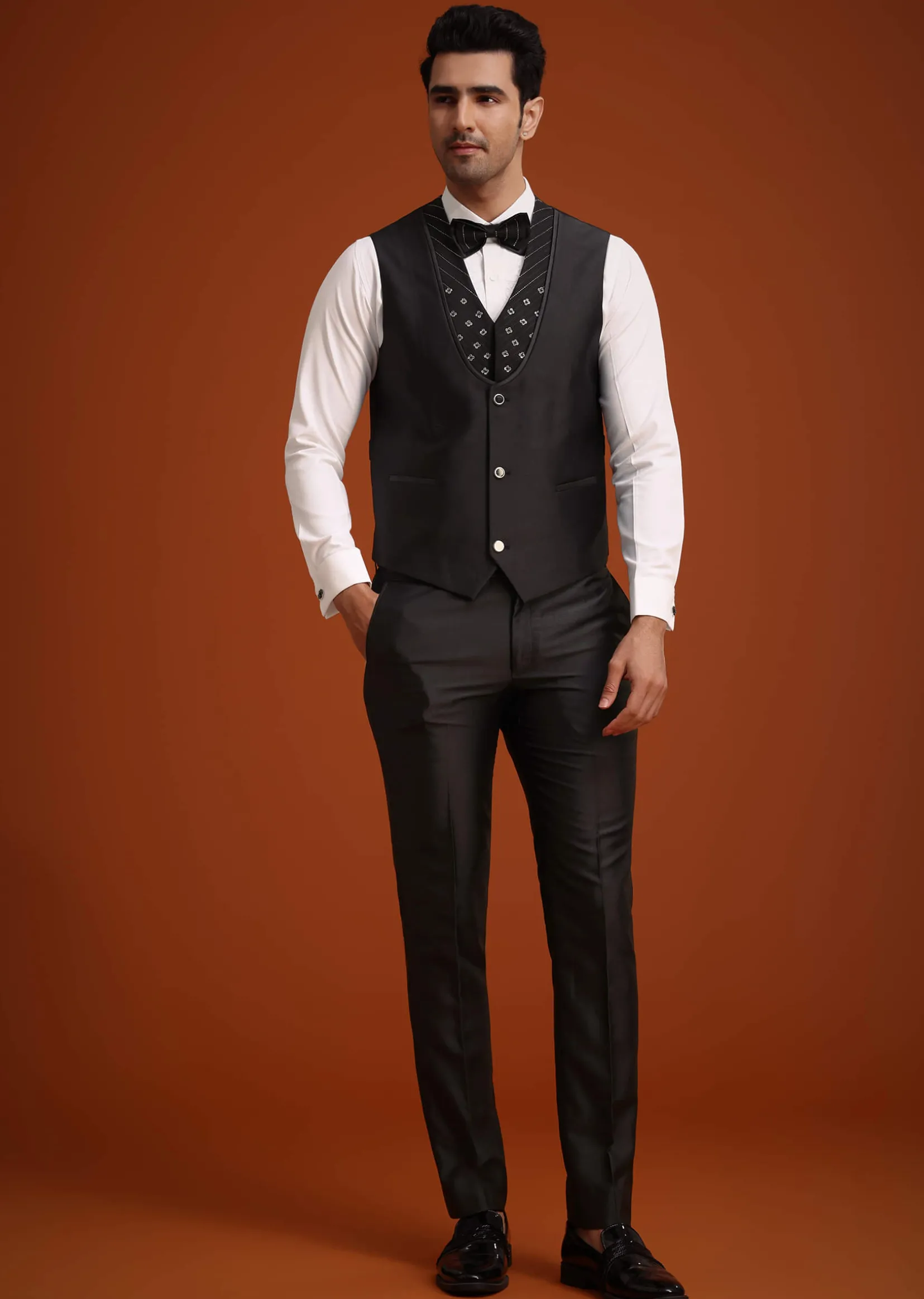 Black Rayon Tuxedo Set With Stone And Cutdana Work