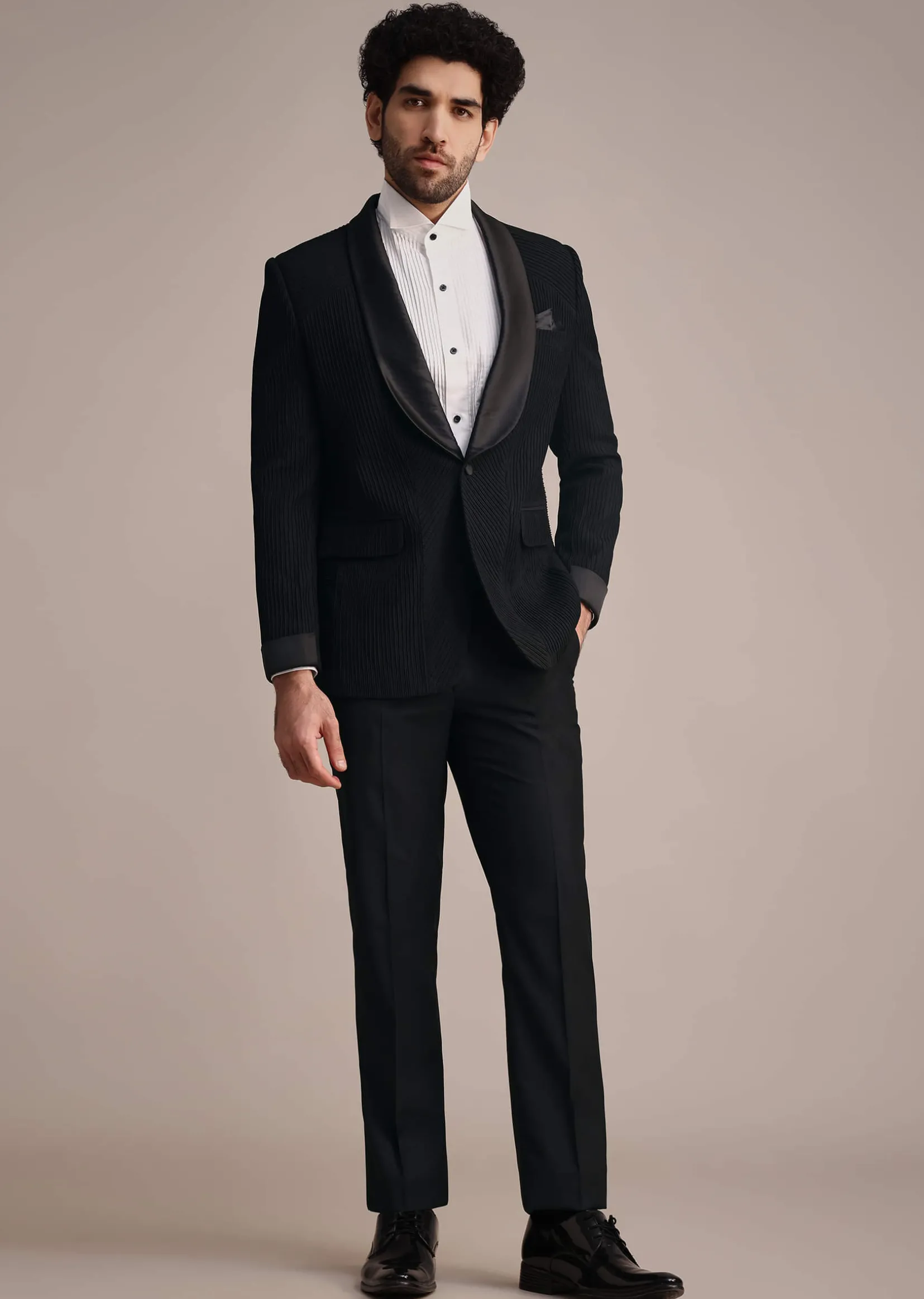 Black Rayon Tuxedo With Pintuck Detailing