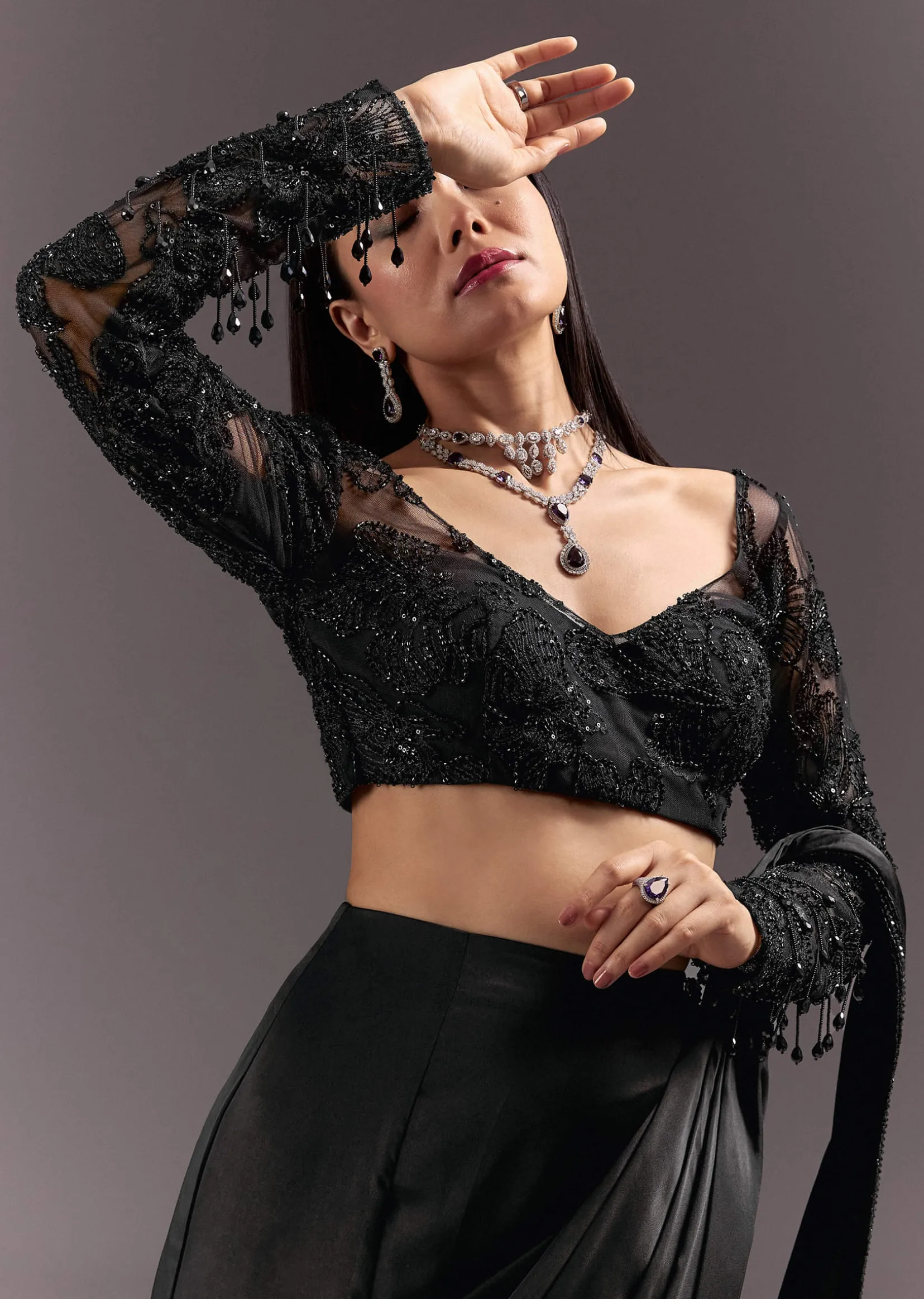 Black Ready Drape Slit Saree With Full Sleeve Blouse