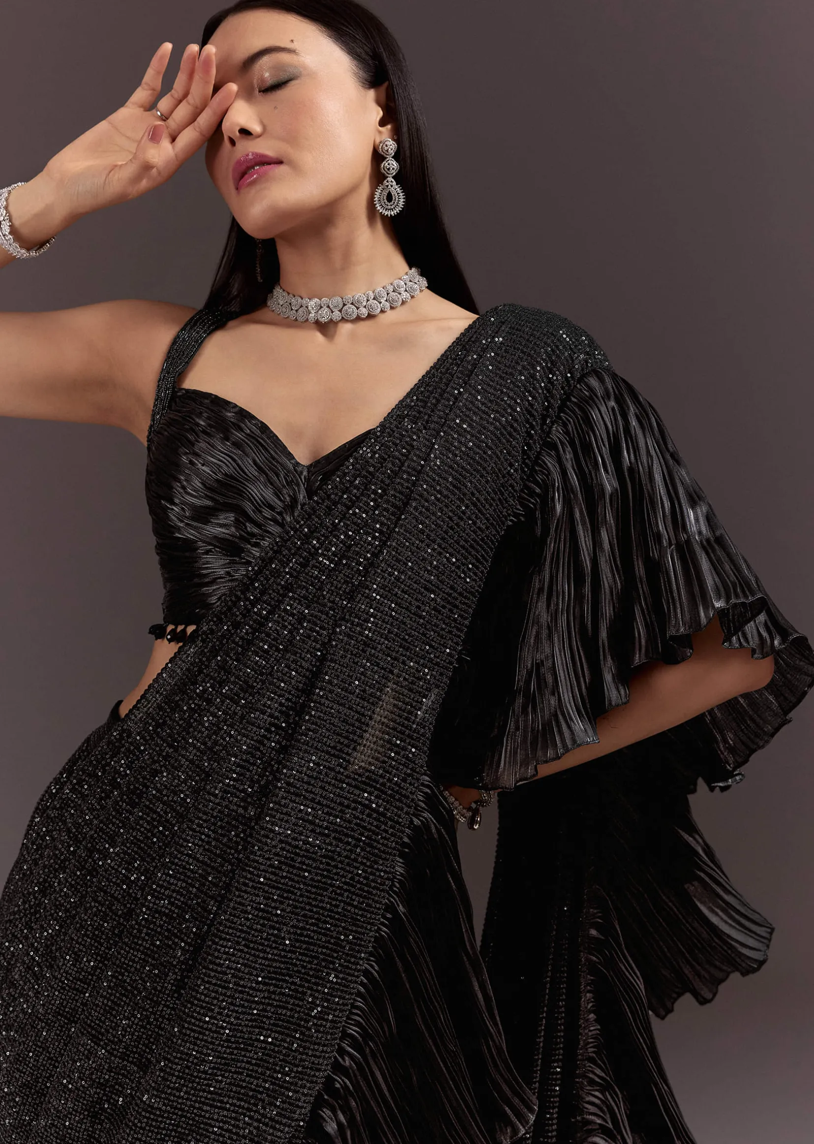 Black Ready Pleated Saree With Ruching Blouse And Frills