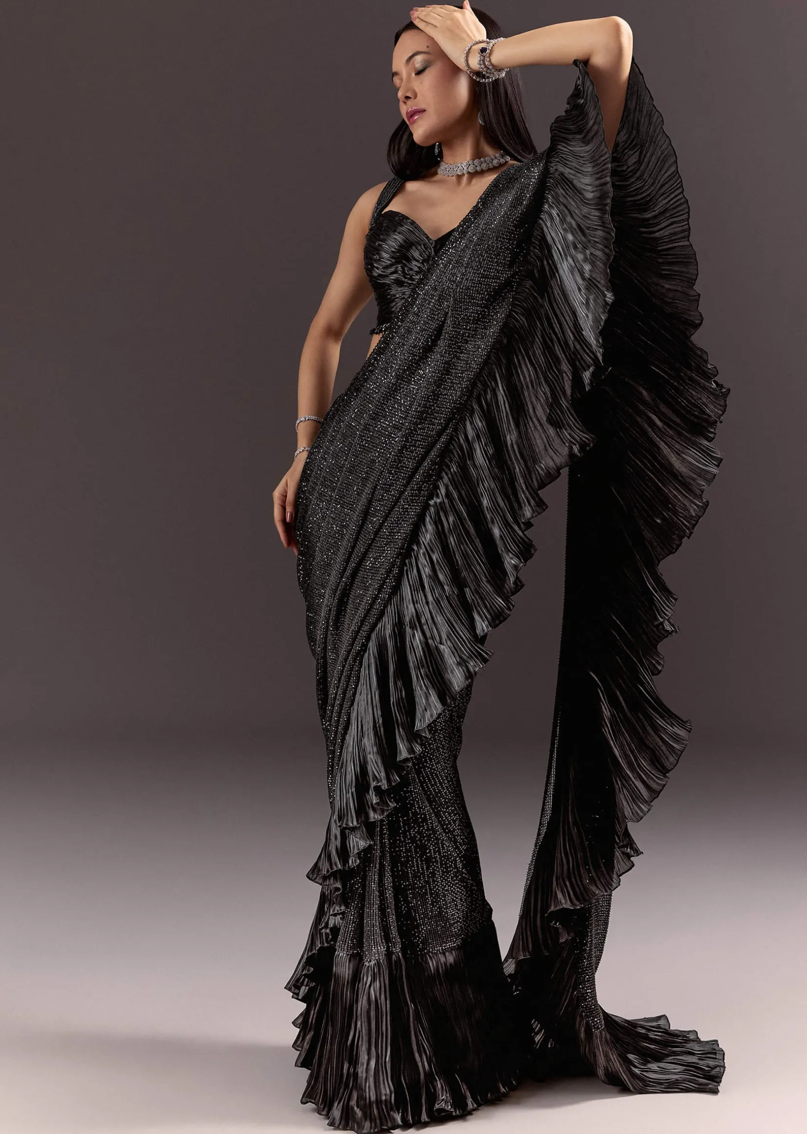Black Ready Pleated Saree With Ruching Blouse And Frills