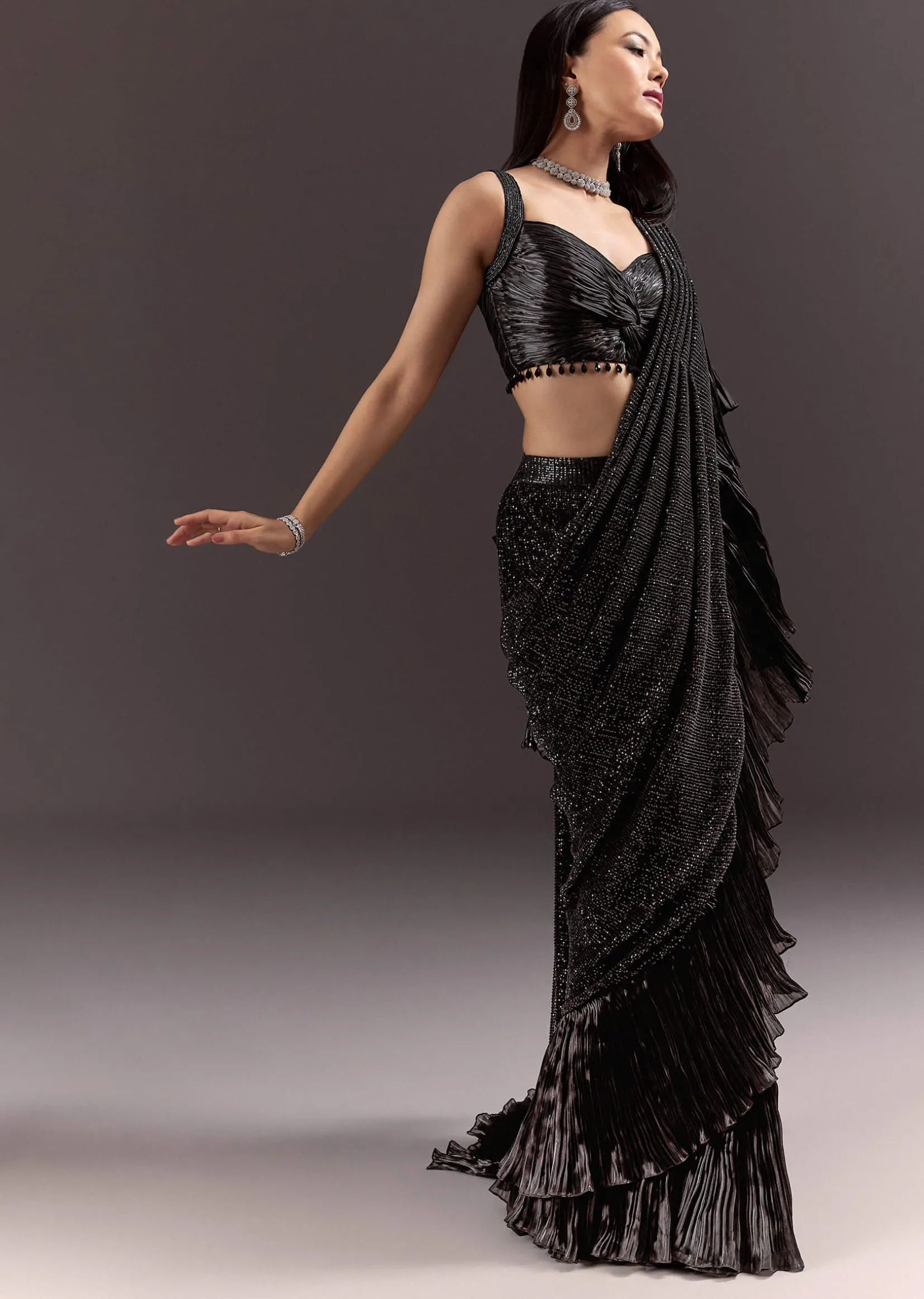 Black Ready Pleated Saree With Ruching Blouse And Frills