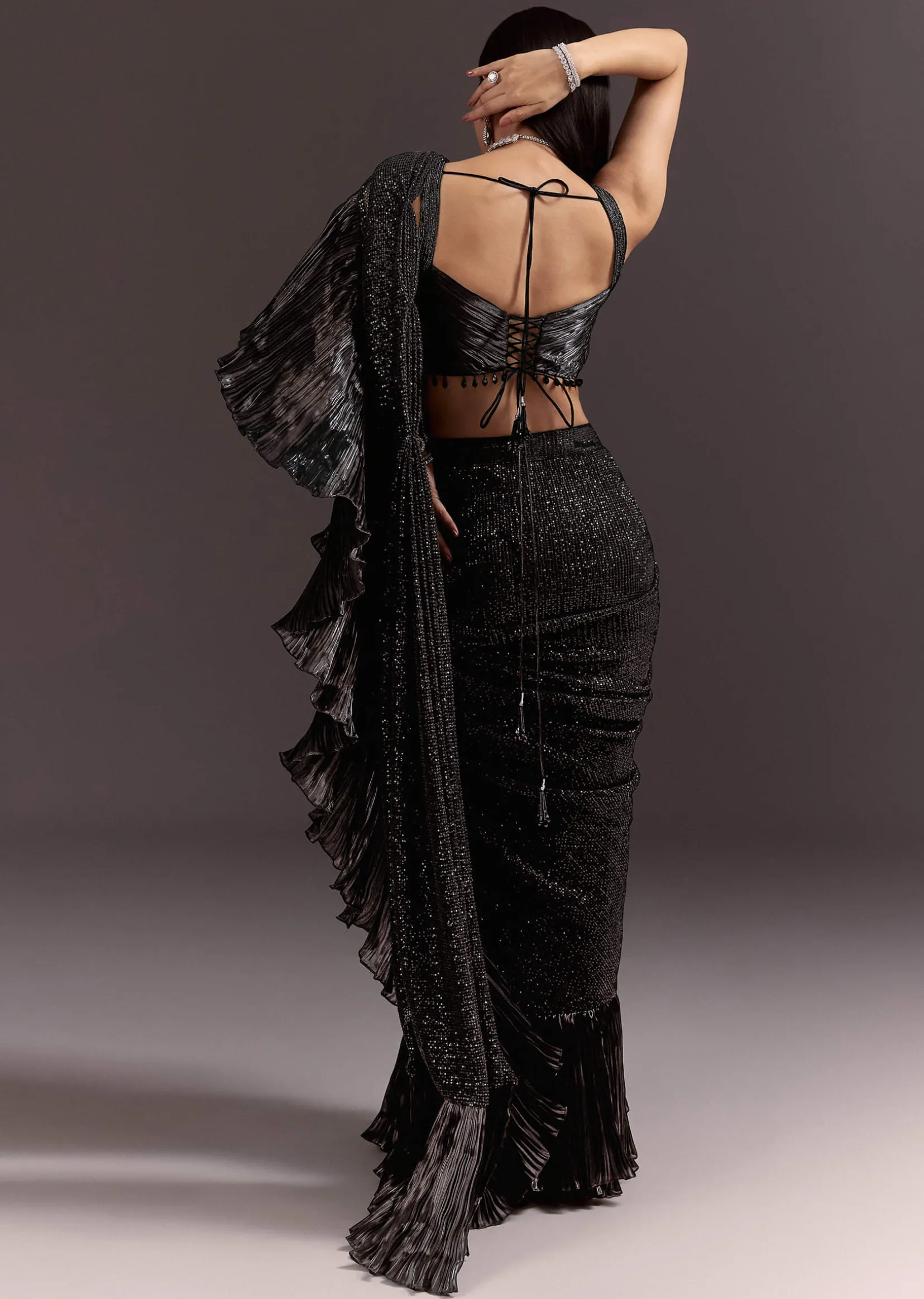 Black Ready Pleated Saree With Ruching Blouse And Frills