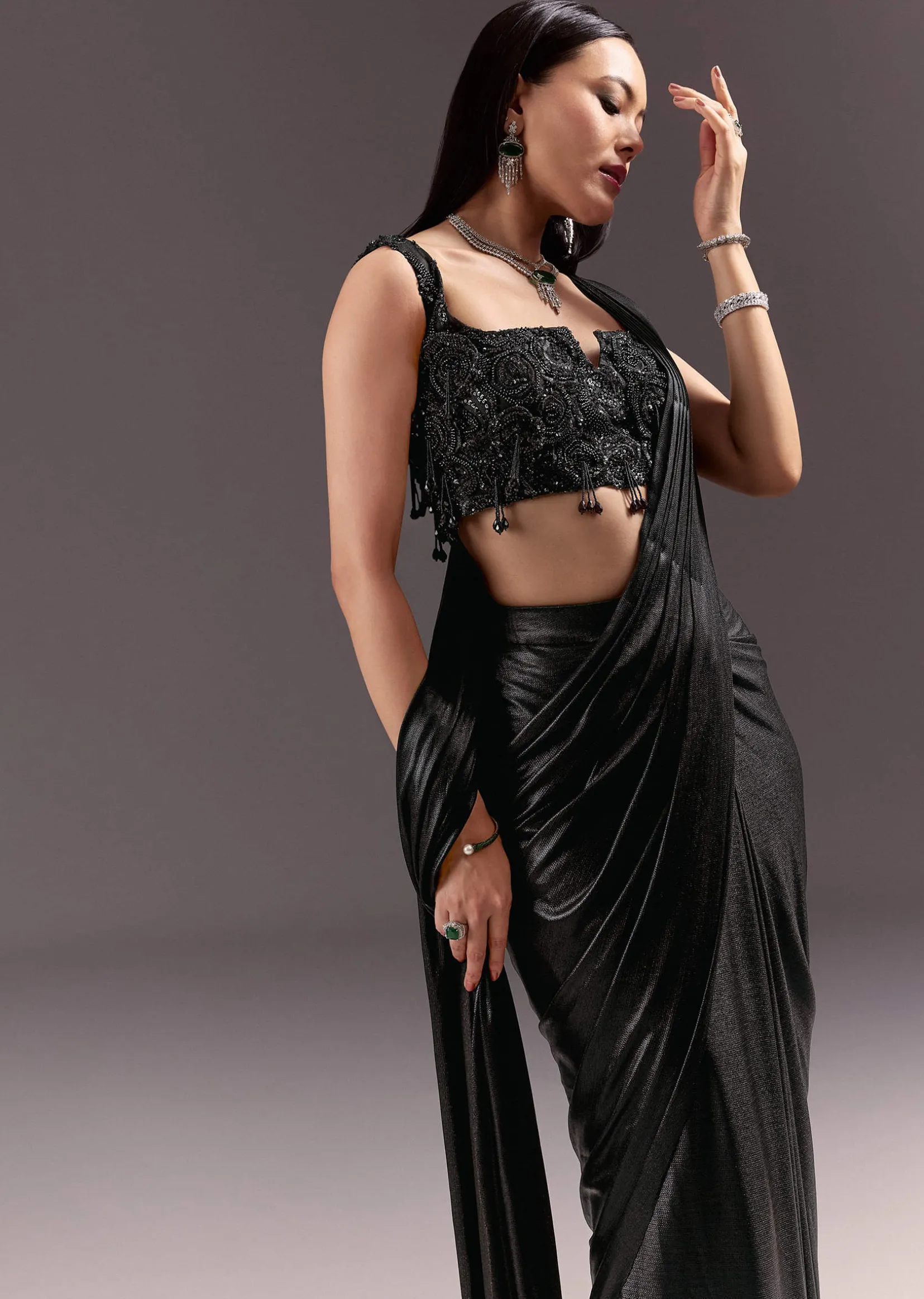 Black Ready To Drape Frill Saree With Ruching Blouse