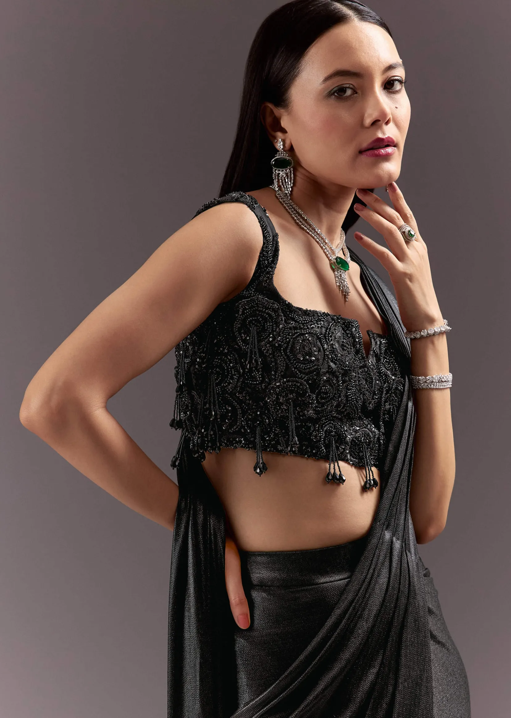 Black Ready To Drape Frill Saree With Ruching Blouse