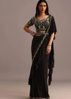 Black Ready To Wear Frills Saree With Embroided Blouse And Belt