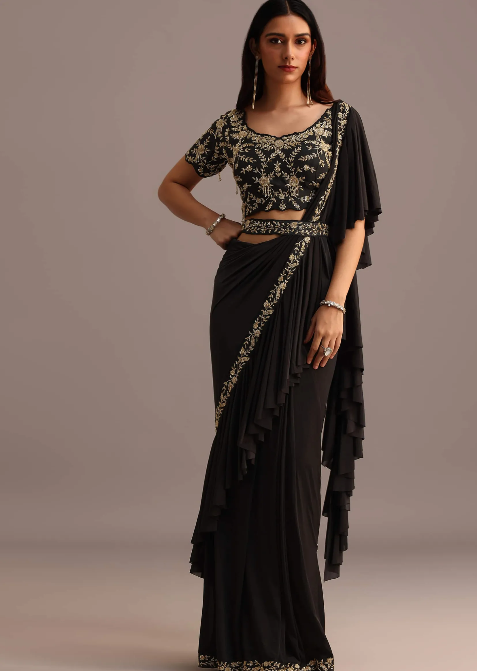 Black Ready To Wear Frills Saree With Embroided Blouse And Belt