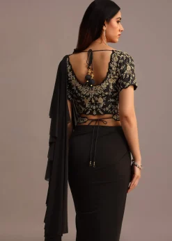 Black Ready To Wear Frills Saree With Embroided Blouse And Belt