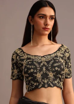 Black Ready To Wear Frills Saree With Embroided Blouse And Belt