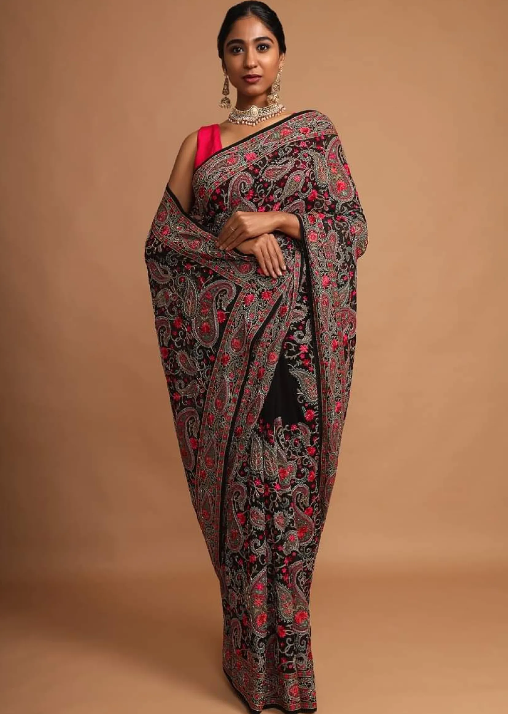 Black Saree In Georgette With Kashmiri Embroidery In Paisley And Floral Jaal