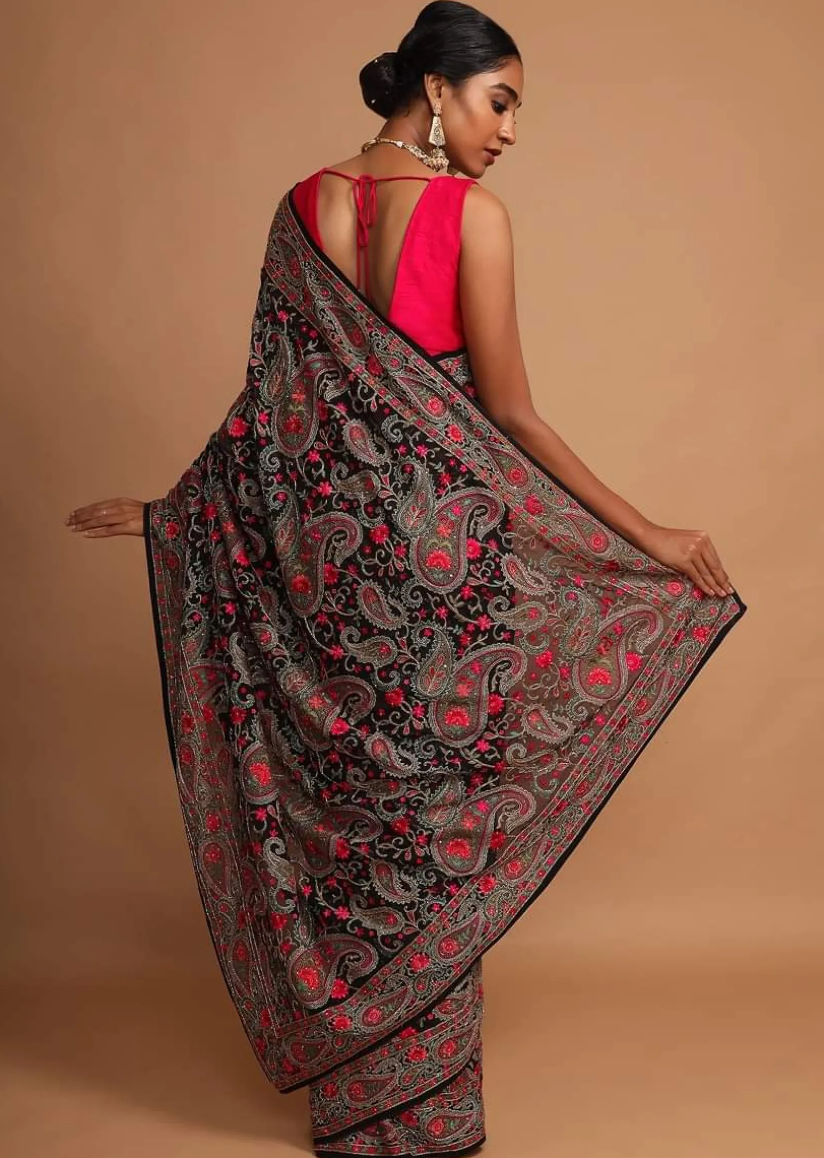 Black Saree In Georgette With Kashmiri Embroidery In Paisley And Floral Jaal