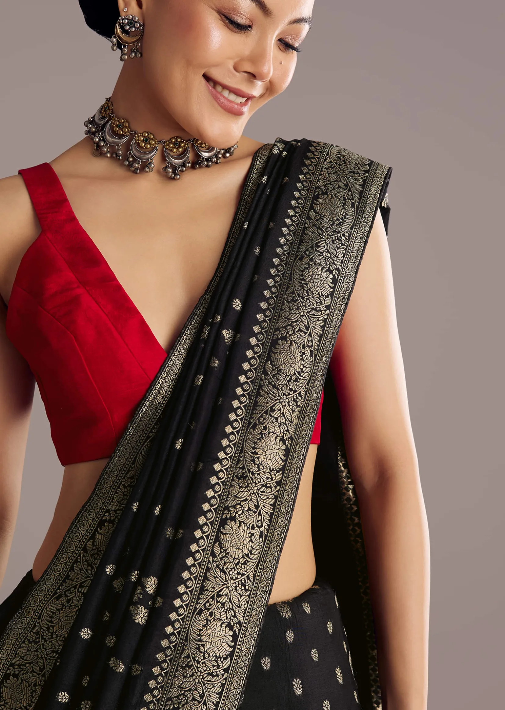 Black Saree With Woven Buttis In Brocade Weave