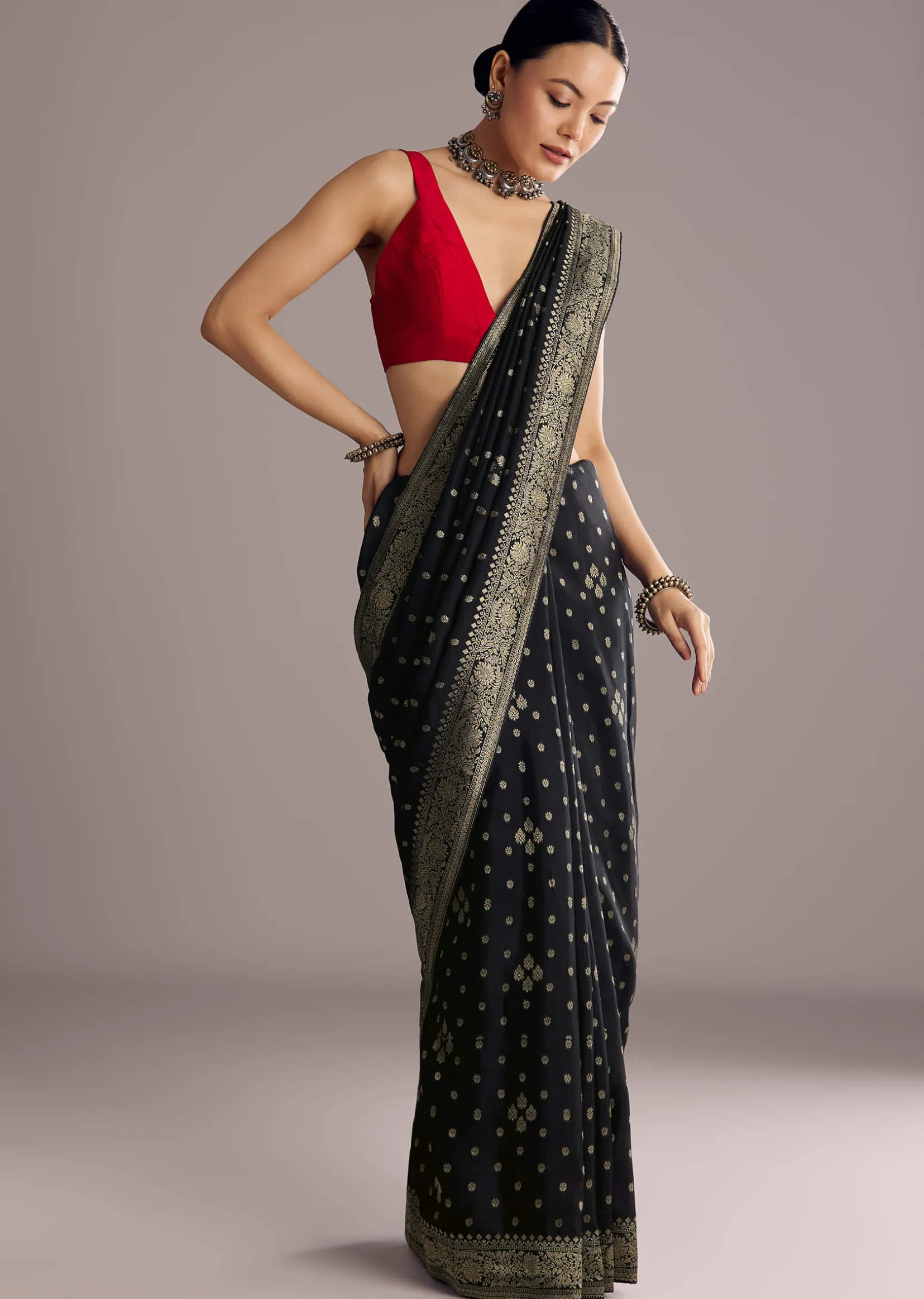 Black Saree With Woven Buttis In Brocade Weave