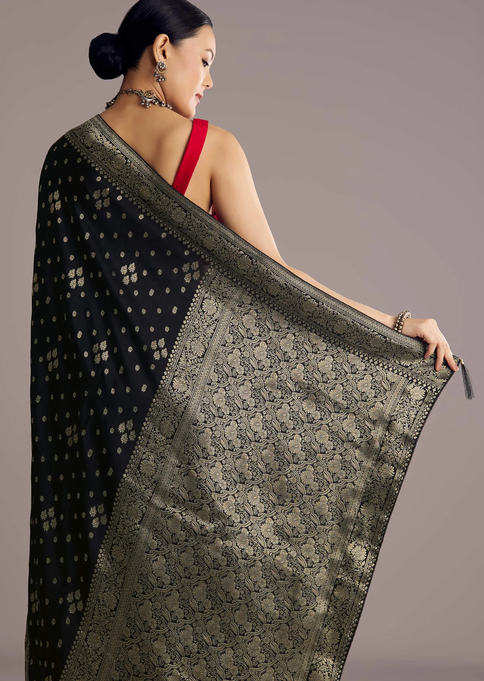 Black Saree With Woven Buttis In Brocade Weave