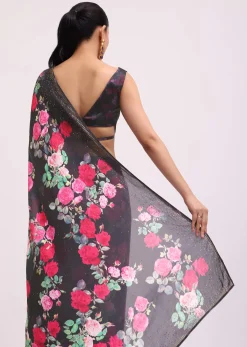 Black Satin Floral Printed Saree With Unstitched Blouse