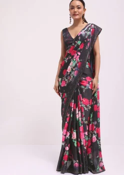 Black Satin Floral Printed Saree With Unstitched Blouse