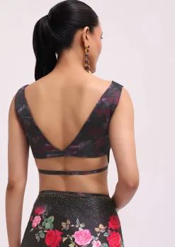 Black Satin Floral Printed Saree With Unstitched Blouse