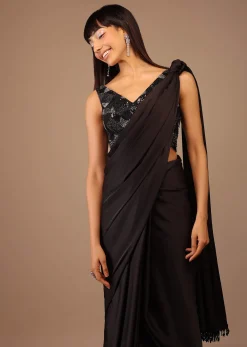 Black Satin Saree With Hand Embroidered Blouse With Fringes On The Hem