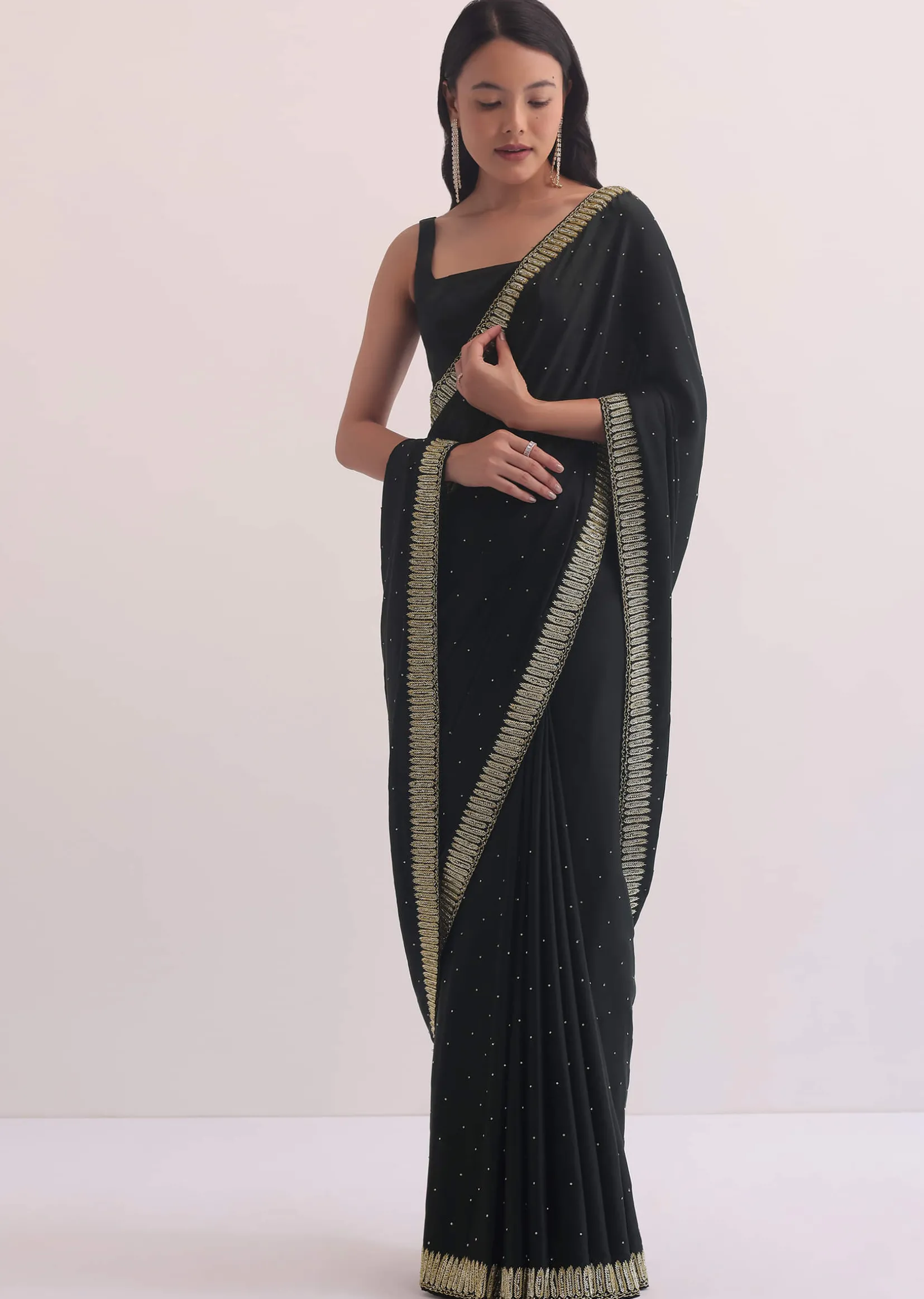 Black Satin Saree With Stone Studded Border