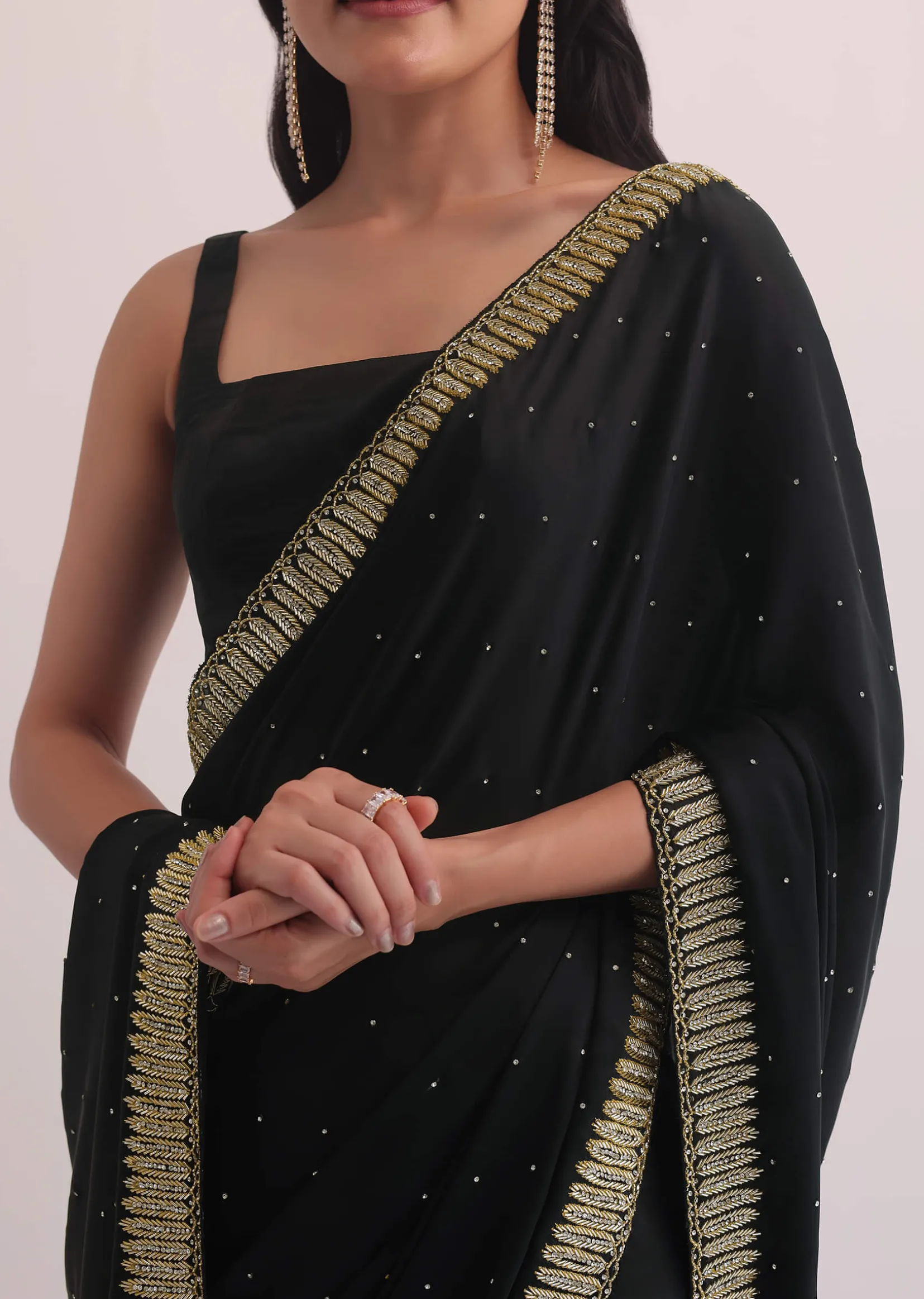 Black Satin Saree With Stone Studded Border
