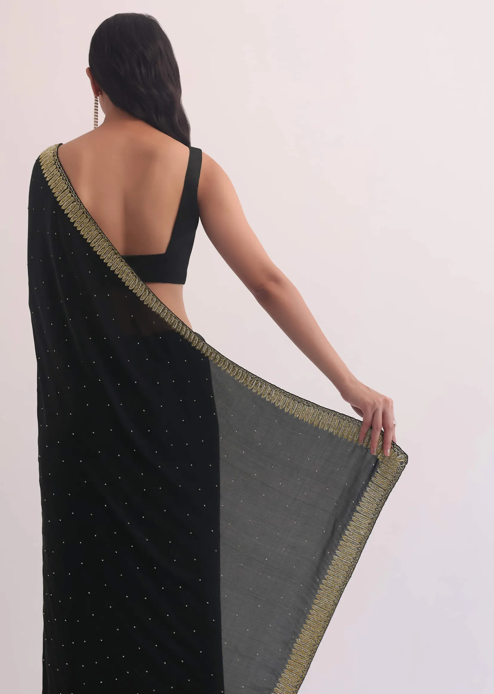 Black Satin Saree With Stone Studded Border