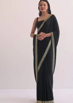Black Satin Saree With Stone Studded Border